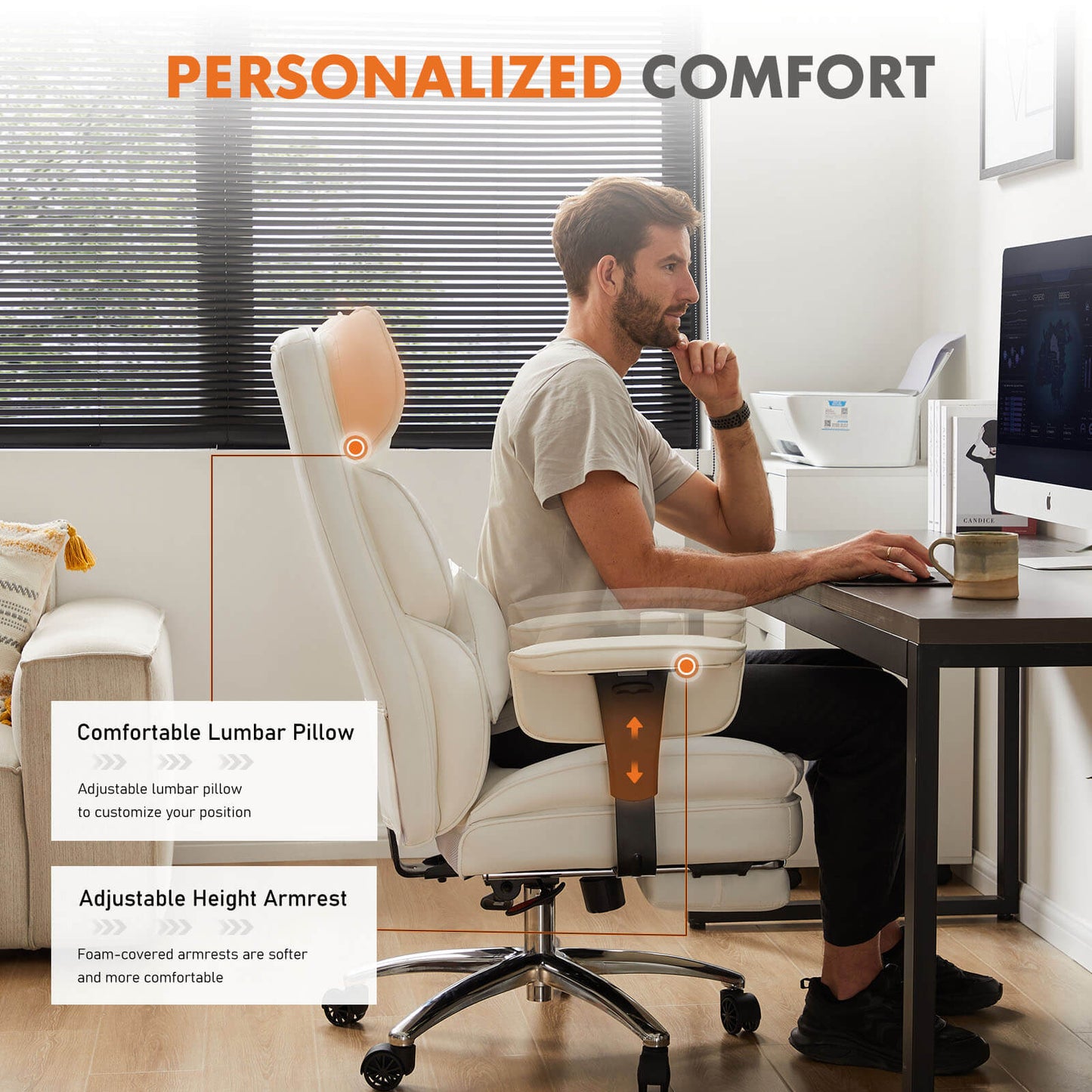 Office Computer Chair - High Back PU Leather Taipan Swivel Chair with Ergonomic Leg Rest and Lumbar Support, Height Adjustable