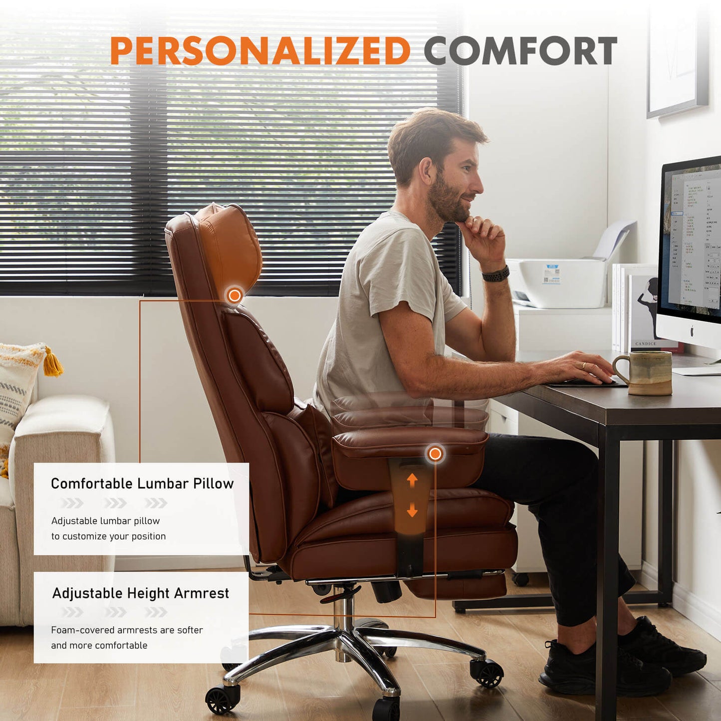 Office Computer Chair - High Back PU Leather Taipan Swivel Chair with Ergonomic Leg Rest and Lumbar Support, Height Adjustable