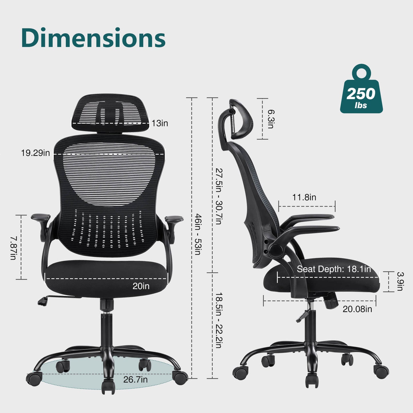 Ergonomic office chair - high back with wheels, adjustable headrest and flip-up armrests for bedroom, study, living room, office