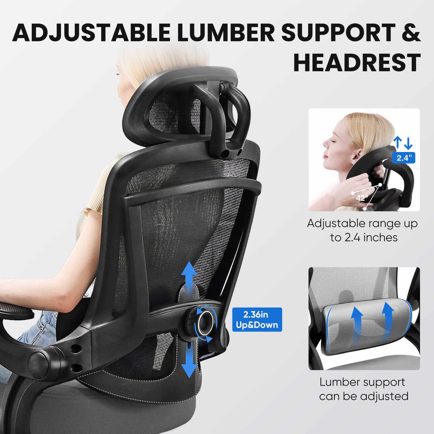 Ergonomic office chair-with adjustable lumbar support and headrest, soft flip-up armrests, height and 120° tilt adjustment