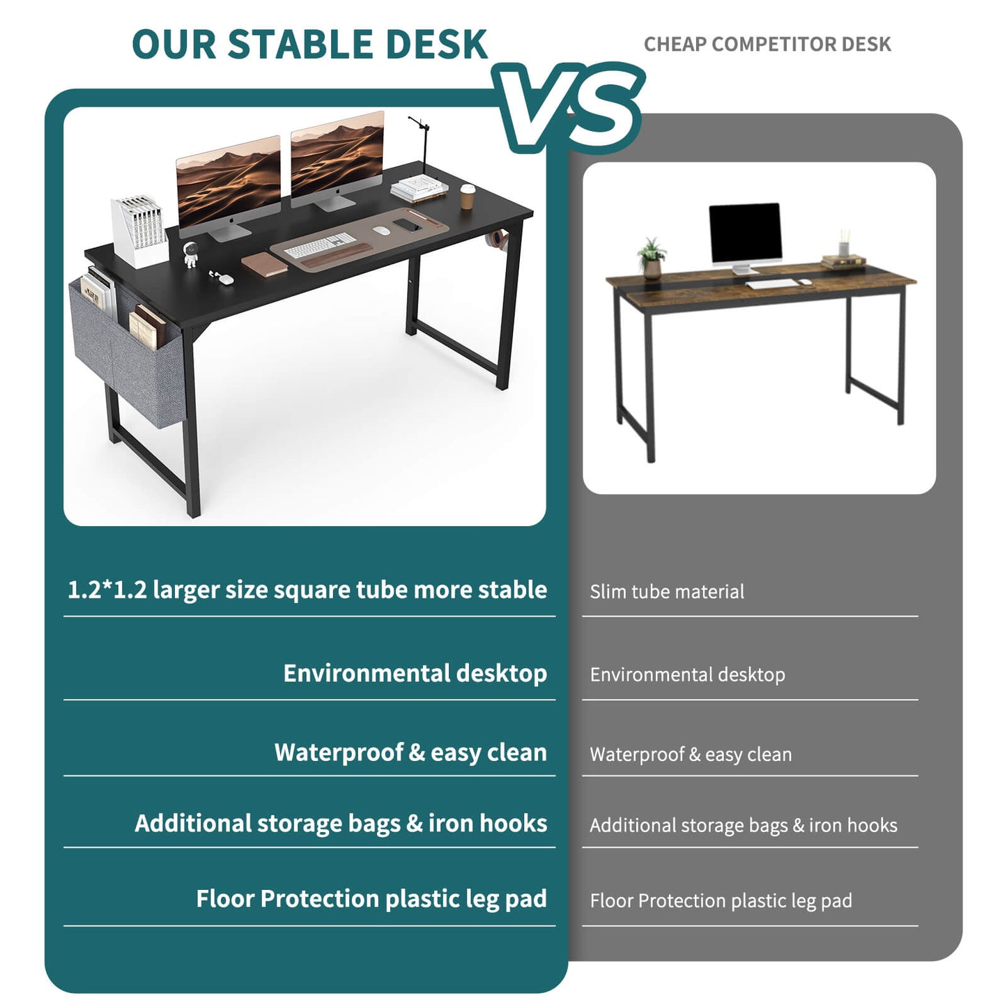 Computer Desk - 32/40/47/55/63 inch Student Kids Study Wooden Desk with Headphone Hook and Storage Bag for Bedroom, Living Room, Study Room