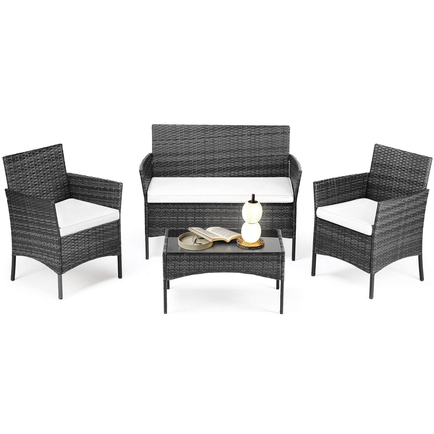 3 Piece Patio Wicker Furniture Set , Patio Chair w/ Table w/ Cushions, Simple Modern Comfort