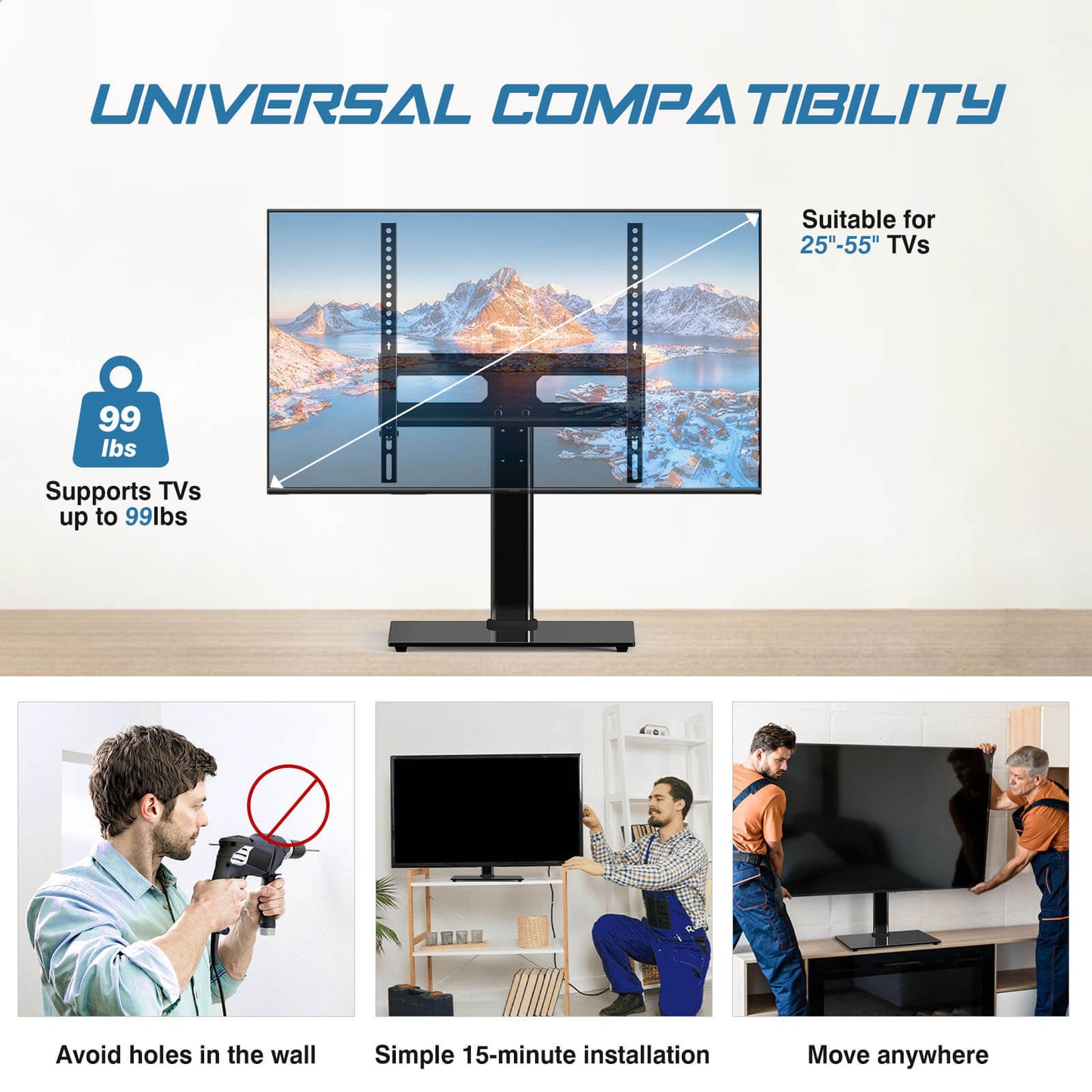 Universal Swivel TV Stand, Adjustable Table Top TV Stand Mount for 26–55 inch TVs, Max VESA 400x400mm，Holds up to 99 lbs