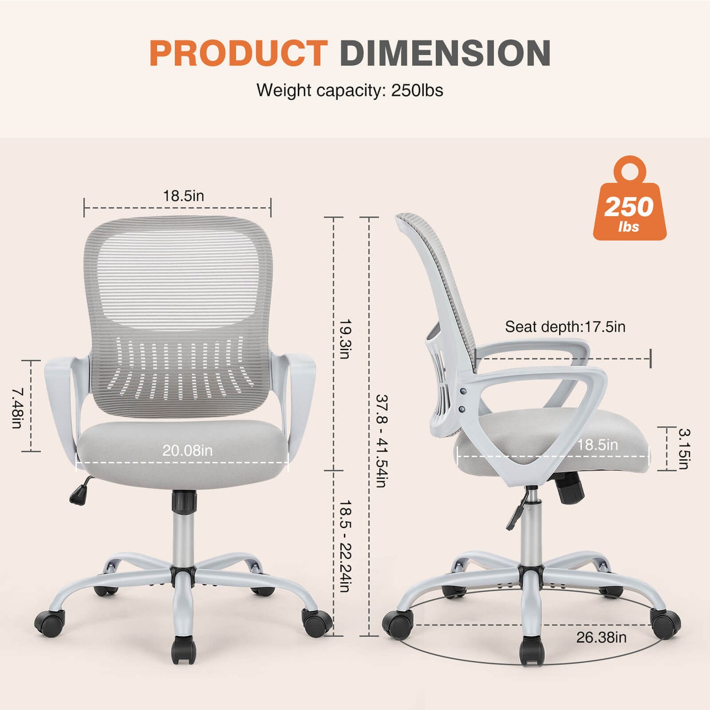 Office chair, ergonomic, adjustable height, with lumbar support and armrests, suitable for home, office.