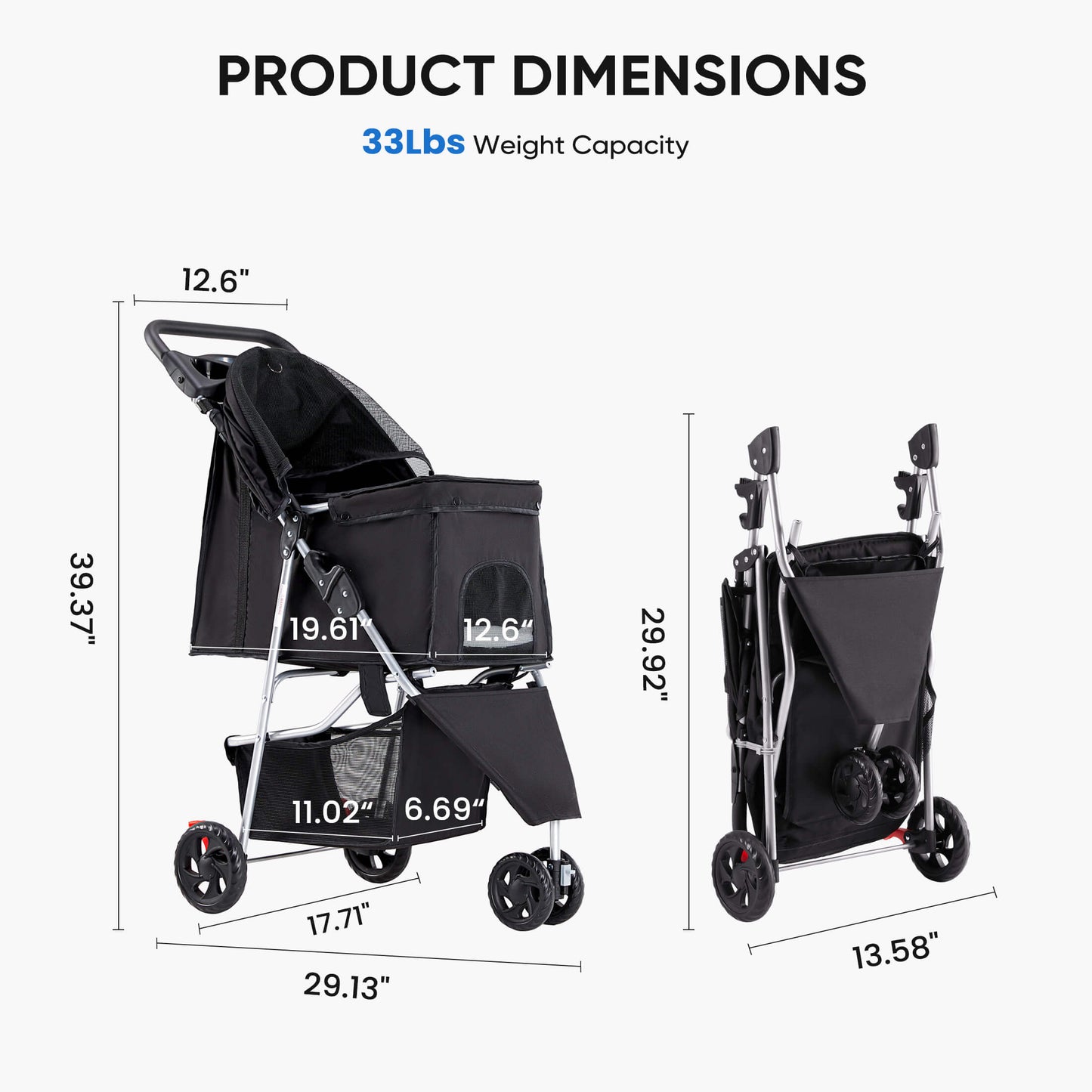 3-Wheel Foldable and Waterproof Pet Stroller - Jogger Stroller for Small and Medium Dogs and Cats with Cup Holder and Removable Liner