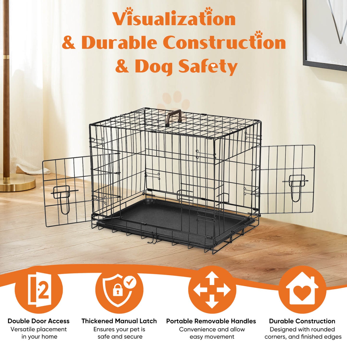 Dog Crate-24/30/36/42/48 inch, Double Door Dog Cage with Divider Panel and Plastic Leak-Proof Pan Tray, foldable, easy to carry, suitable for indoor, outdoor, travel use.