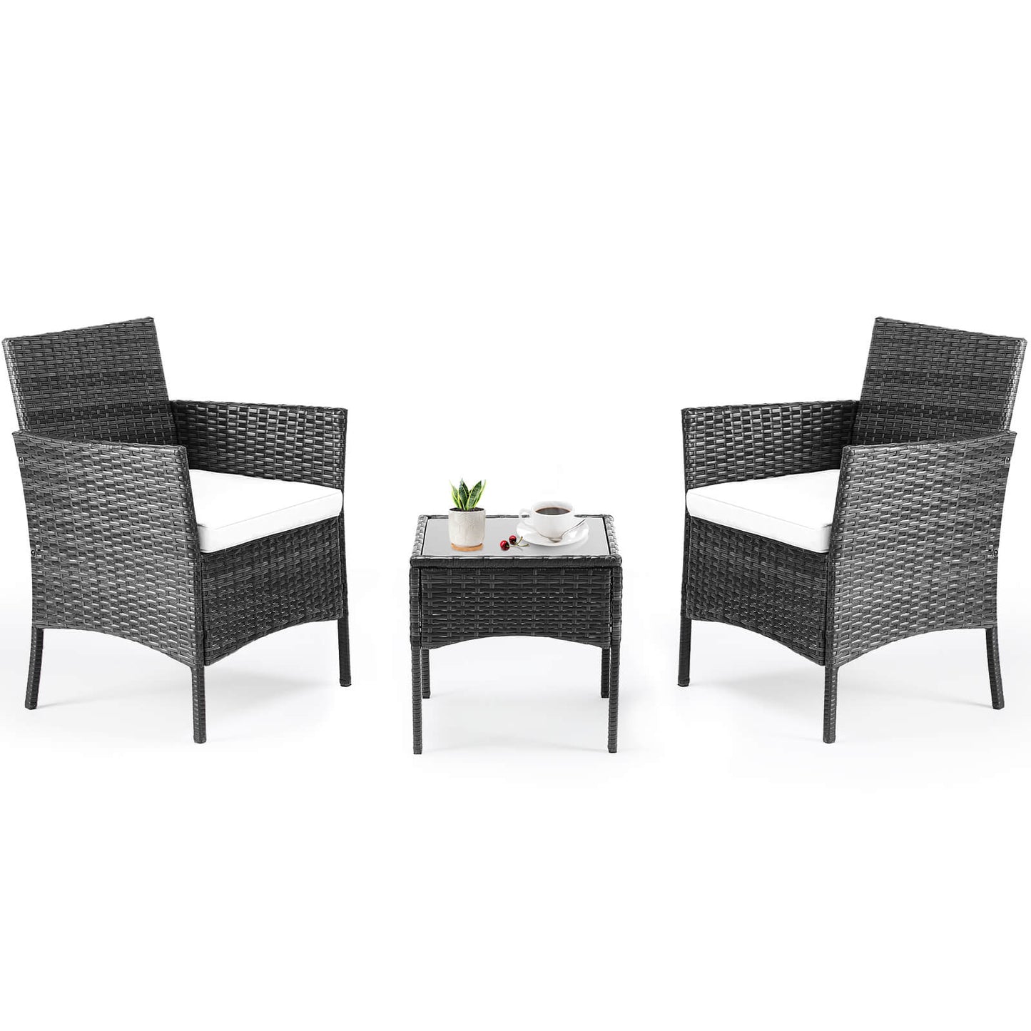 3 Piece Patio Wicker Furniture Set , Patio Chair w/ Table w/ Cushions, Simple Modern Comfort