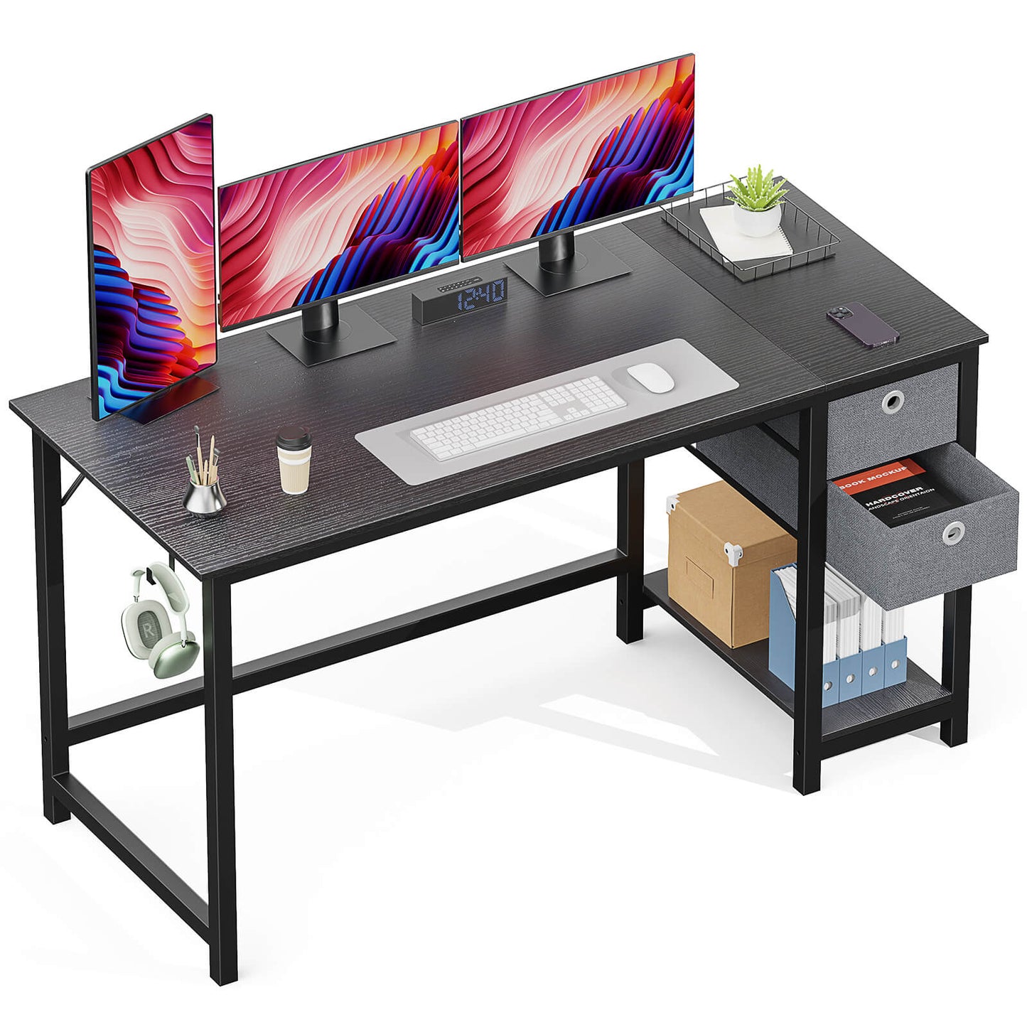 Computer Desk -40/47/55 inch Desk Study Desk with 2 Drawer Storage Shelf Headphone Hook for Bedroom, Game Room, Office, Living Room