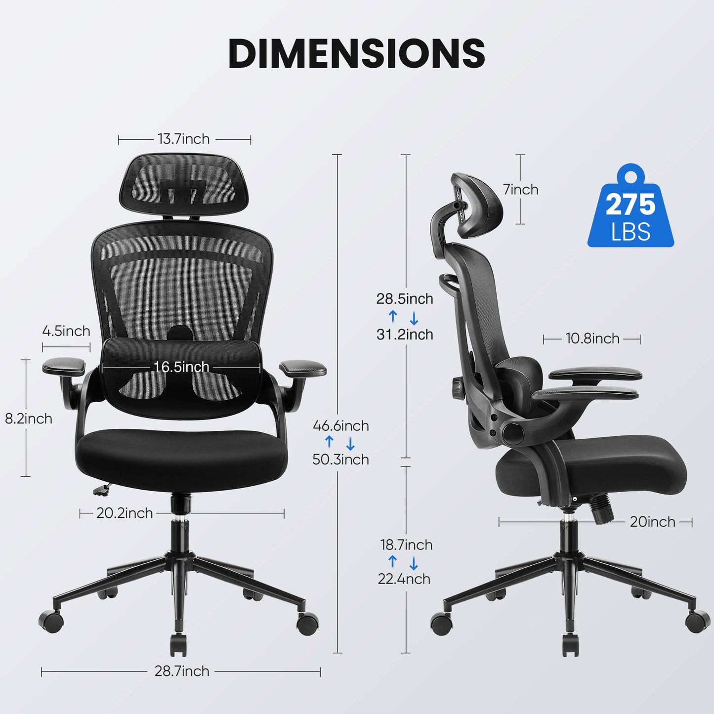 Ergonomic office chair-with adjustable lumbar support and headrest, soft flip-up armrests, height and 120° tilt adjustment