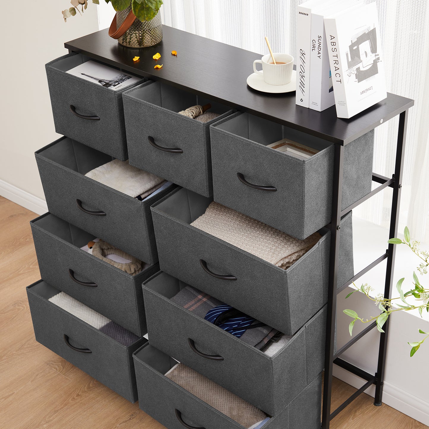 Dresser with 9 Drawers Chest of Closets for Bedroom, Fabric Storage Tower with Wooden Top