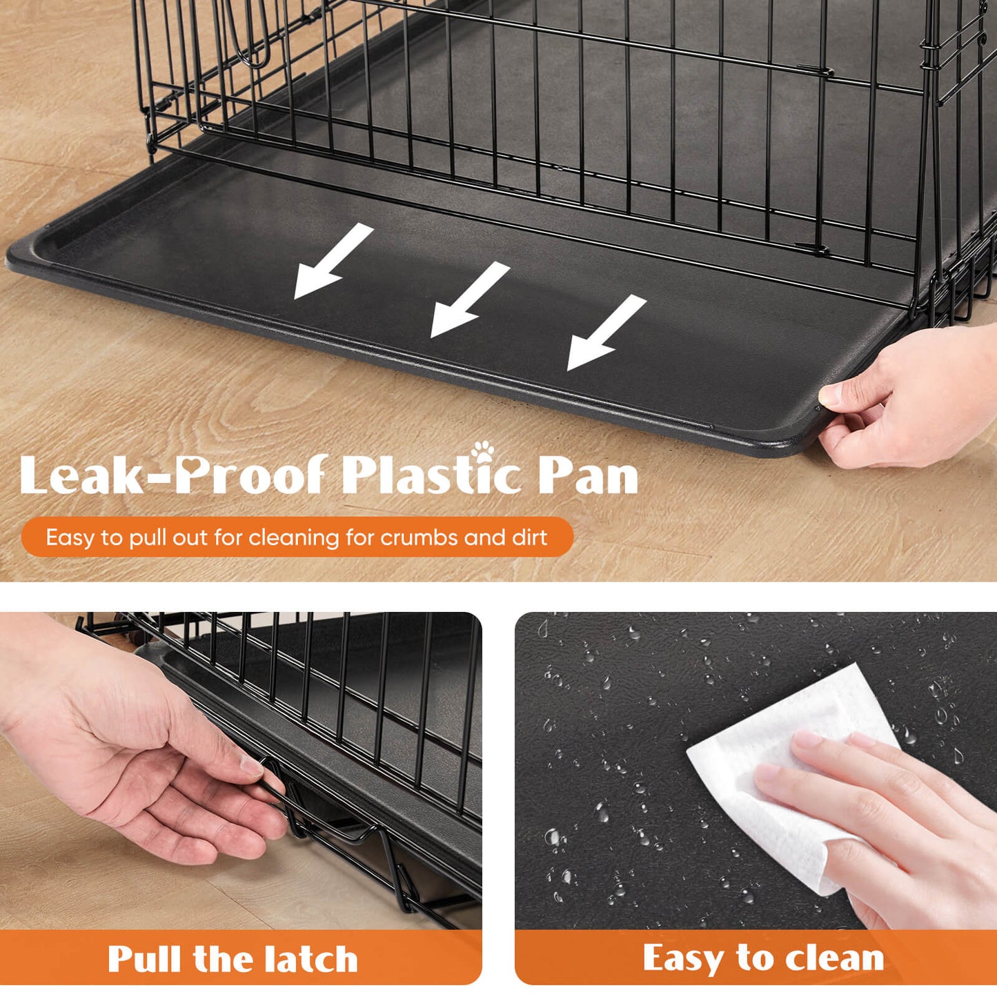 Dog Crate-24/30/36/42/48 inch, Double Door Dog Cage with Divider Panel and Plastic Leak-Proof Pan Tray, foldable, easy to carry, suitable for indoor, outdoor, travel use.