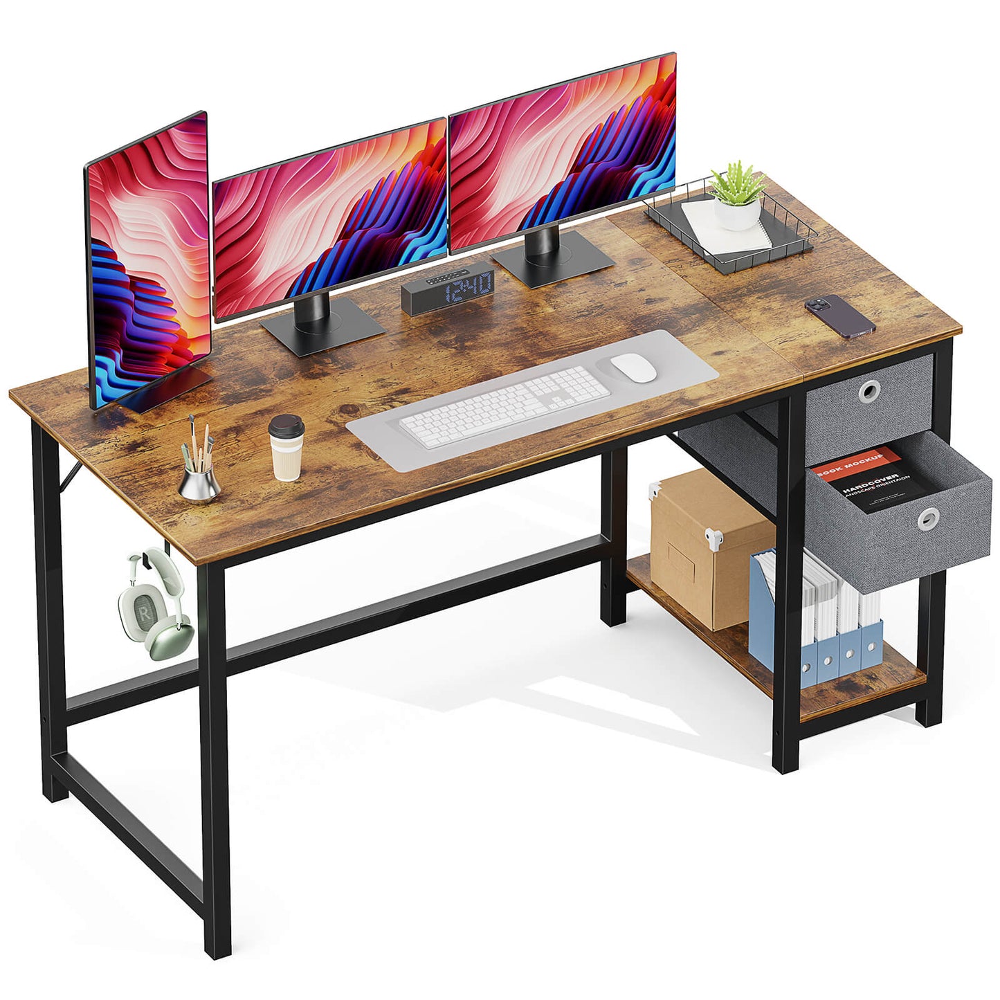 Computer Desk -40/47/55 inch Desk Study Desk with 2 Drawer Storage Shelf Headphone Hook for Bedroom, Game Room, Office, Living Room