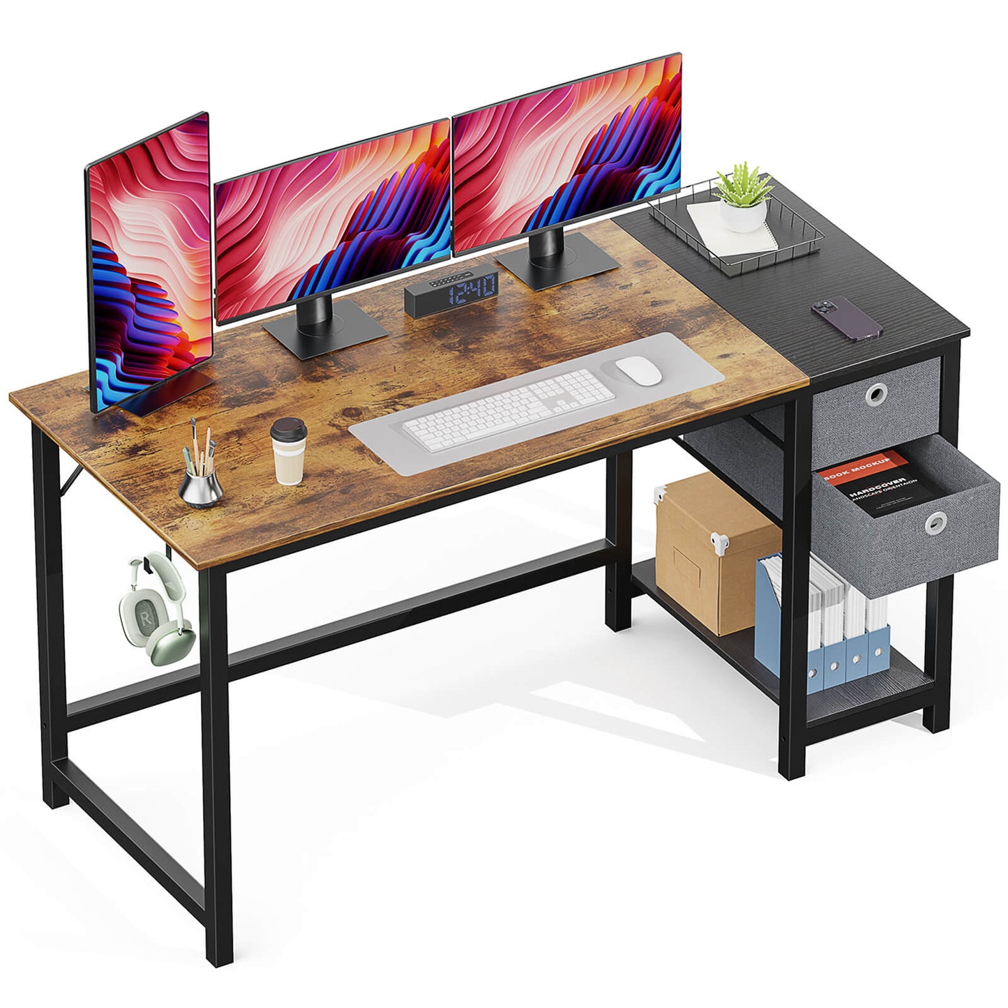 Computer Desk -40/47/55 inch Desk Study Desk with 2 Drawer Storage Shelf Headphone Hook for Bedroom, Game Room, Office, Living Room