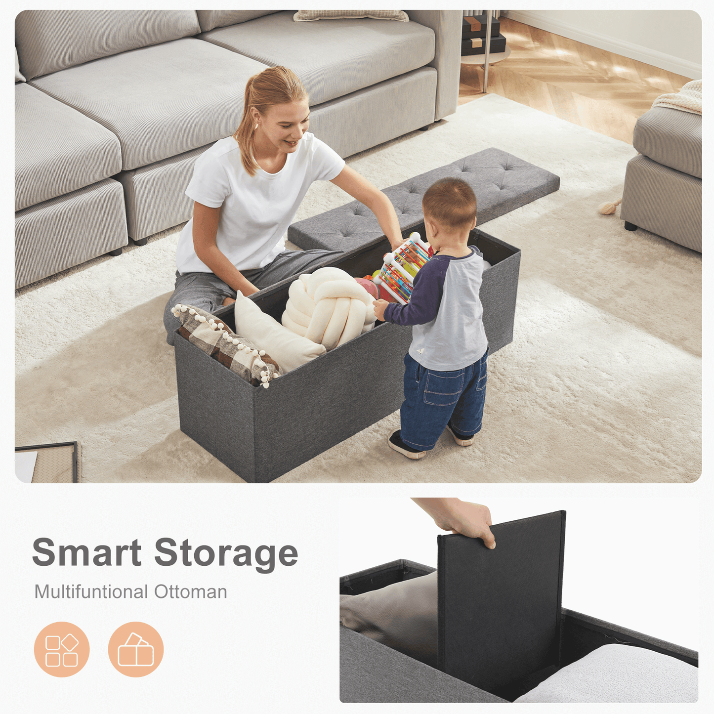 Foldable Storage Ottoman Bench -End of Bed Storage Foot Rest Stools, for Bedroom, Living Room, Entryway, Holds up to 660 lb