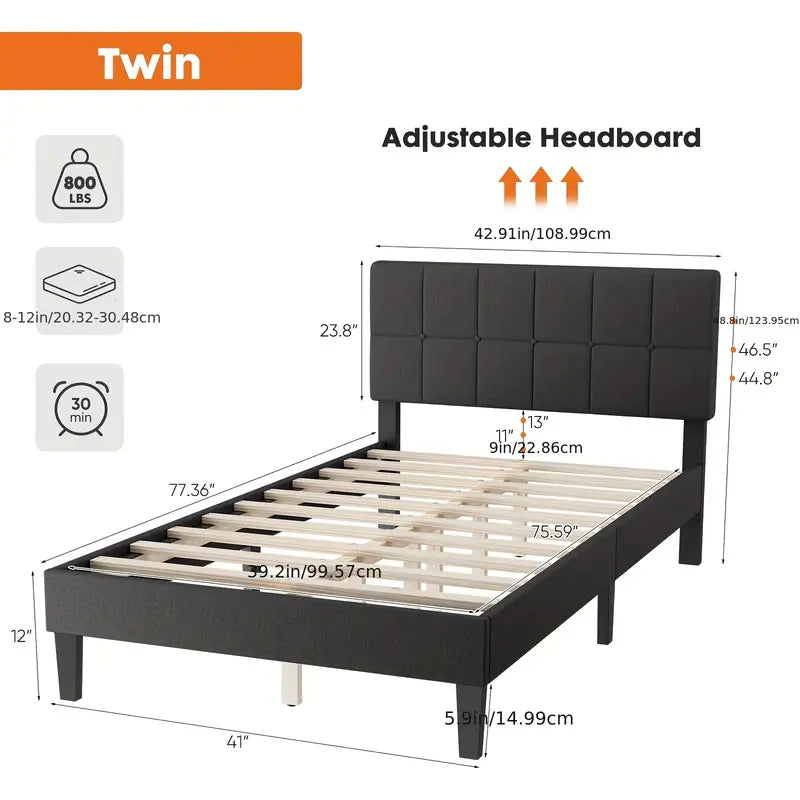 Platform Bed Frame with Headboard-No Box Spring Needed, Linen Upholstered Bed Frame with Wood Slats Support, Noise Free